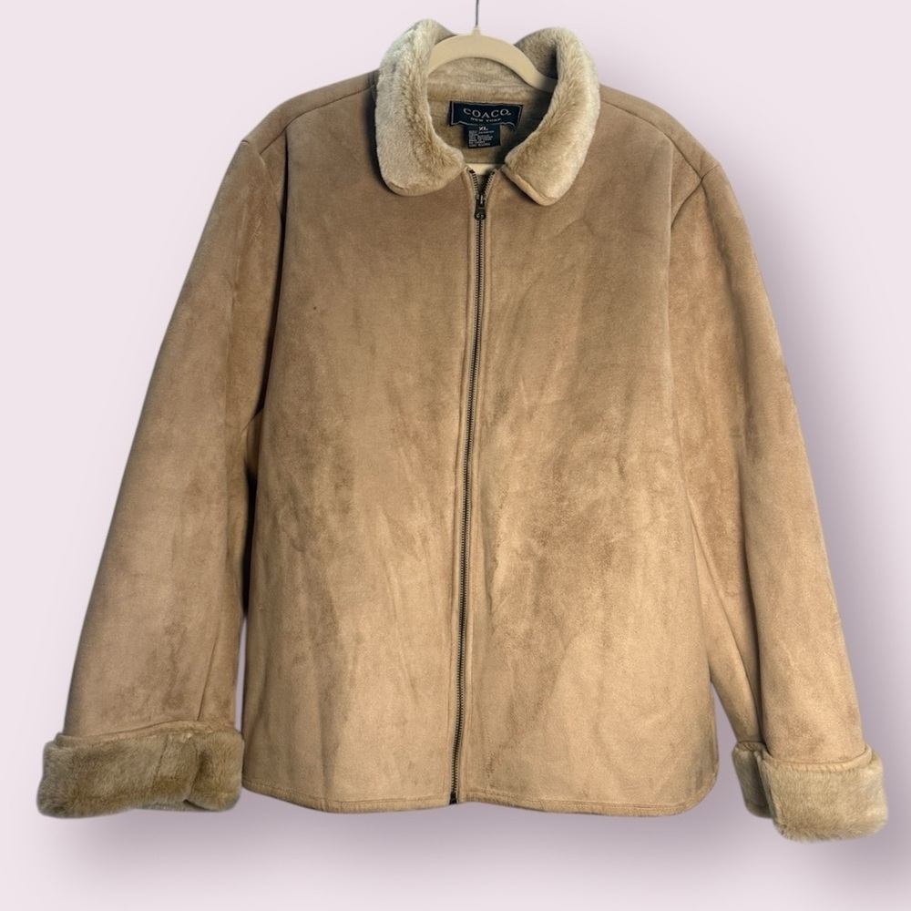 Vintage Coaco New York Tan Suede Faux Fur Lined ZipUp Jacket Size XL